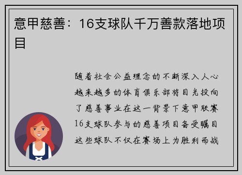 意甲慈善：16支球队千万善款落地项目